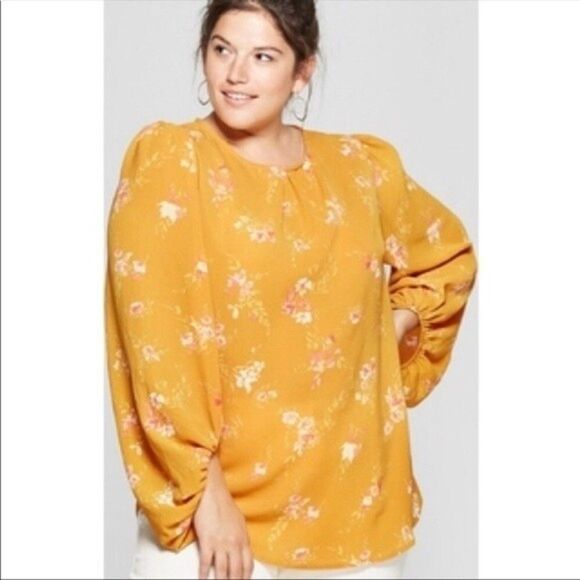 Ava & Viv Floral Puff Sleeve Blouse Mustard Yellow Pink & White New Condition 2X - Picture 1 of 7